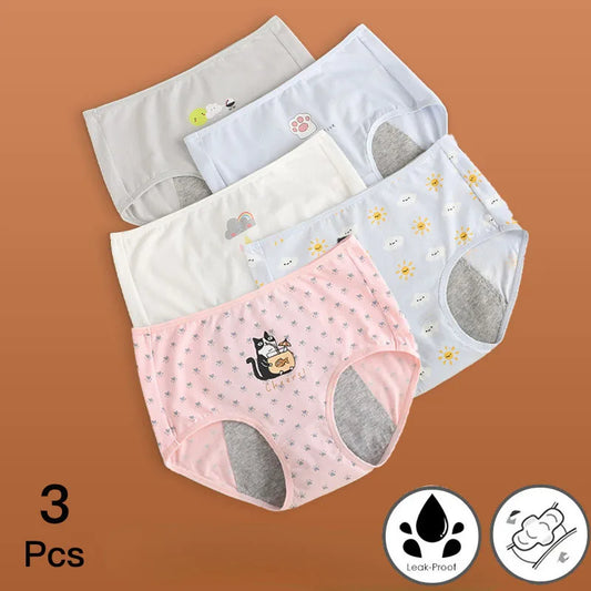 3pcs Cute Cartoon Girls Menstrual  Panties For Teenager Leakproof Physiological Period Cotton Underwear  Culotte Menstruelle
